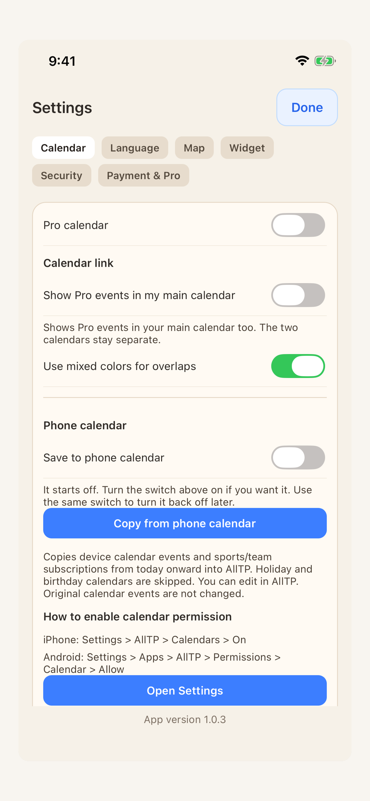 AllTP settings screen